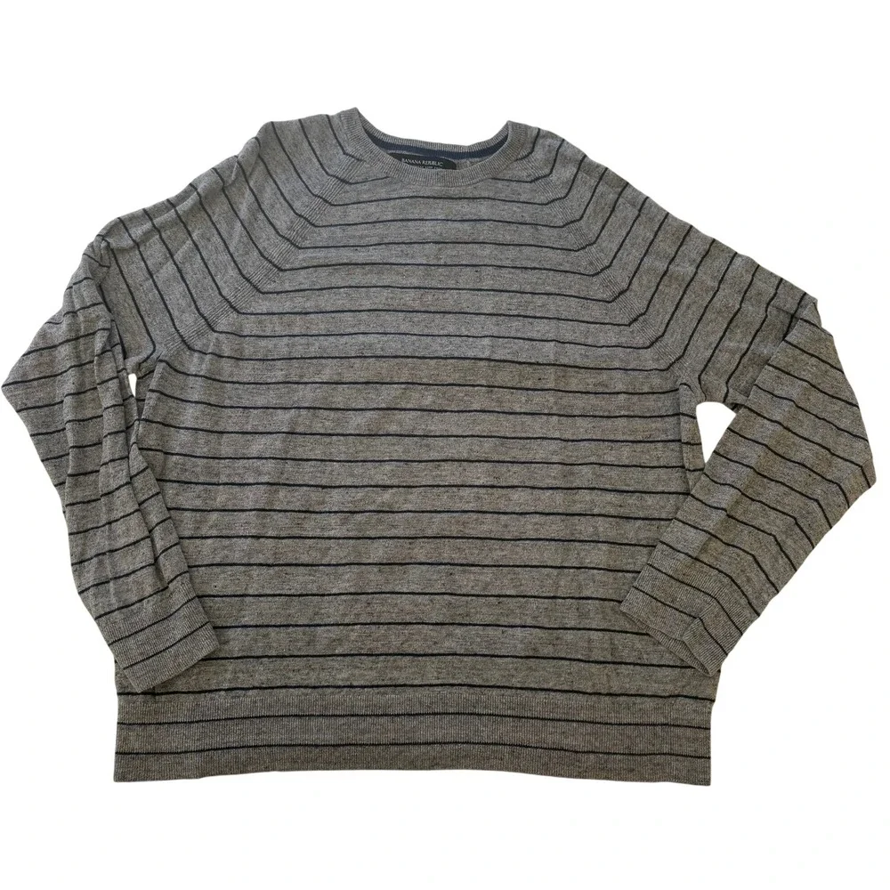 Banana Republic Mens XL‎ 100% Italian Linen Gray Striped Long Sleeve Sweater